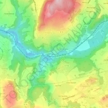 Pontverreの地形図、標高、地勢