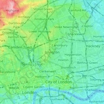 Islingtonの地形図、標高、地勢