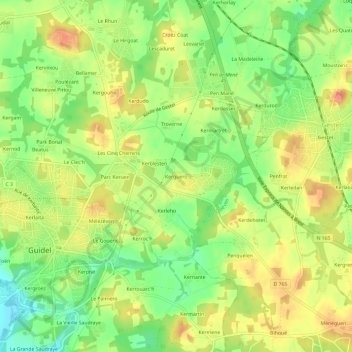 Kergueroの地形図、標高、地勢