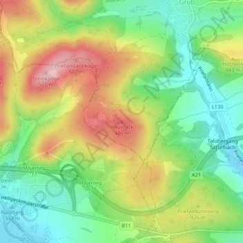 Hausruckの地形図、標高、地勢