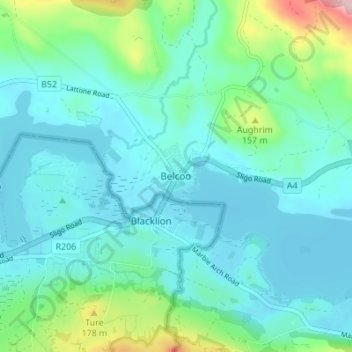 Belcooの地形図、標高、地勢