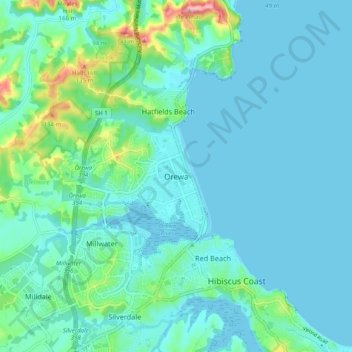 Orewaの地形図、標高、地勢