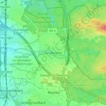 Tennenloheの地形図、標高、地勢