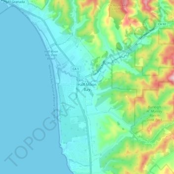 Half Moon Bayの地形図、標高、地勢