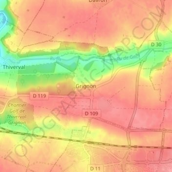 Grignonの地形図、標高、地勢