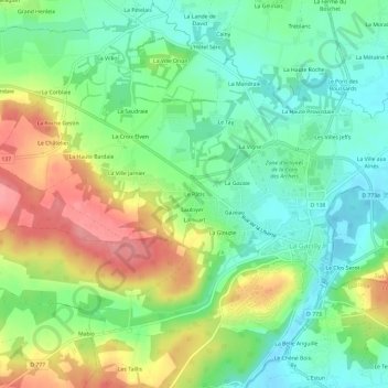 Le Pâtisの地形図、標高、地勢