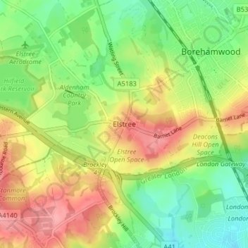 Elstreeの地形図、標高、地勢