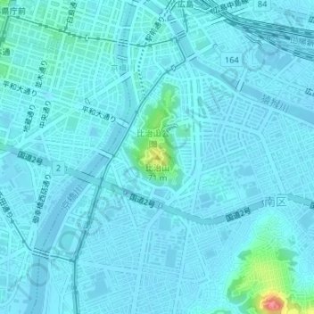 比治山の地形図、標高、地勢