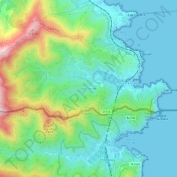 Mas Tounetの地形図、標高、地勢