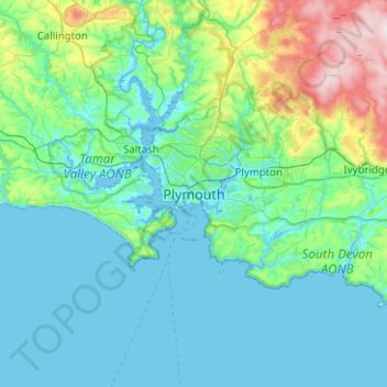 Plymouthの地形図、標高、地勢