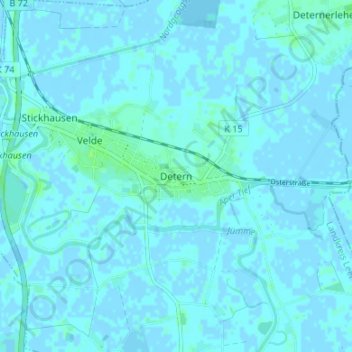 Deternの地形図、標高、地勢