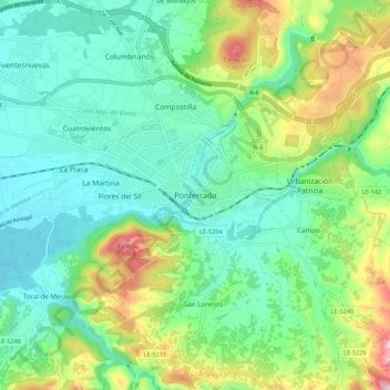 Ponferradaの地形図、標高、地勢