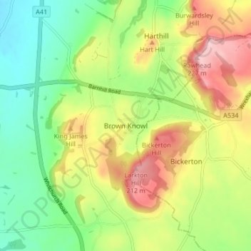 Brown Knowlの地形図、標高、地勢