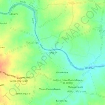 T.Pudurの地形図、標高、地勢
