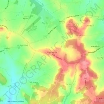 Champagnacの地形図、標高、地勢