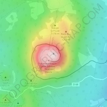 Puy de Dômeの地形図、標高、地勢