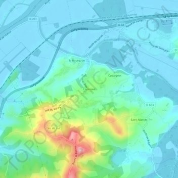 Cazenaveの地形図、標高、地勢