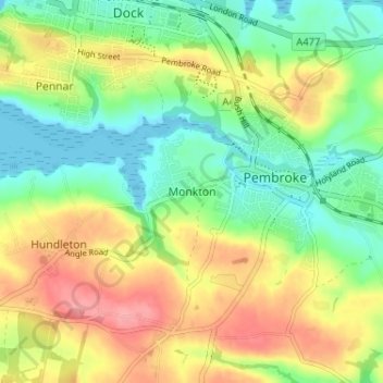 Monktonの地形図、標高、地勢