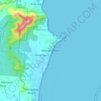 Mission Beachの地形図、標高、地勢