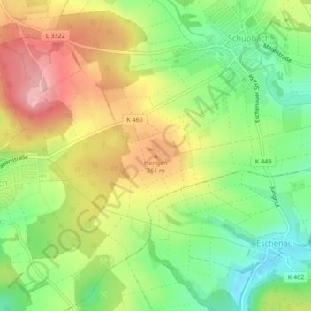 Hengenの地形図、標高、地勢