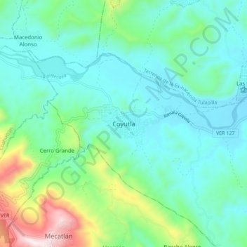 Coyutlaの地形図、標高、地勢