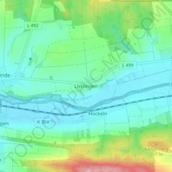 Listringenの地形図、標高、地勢
