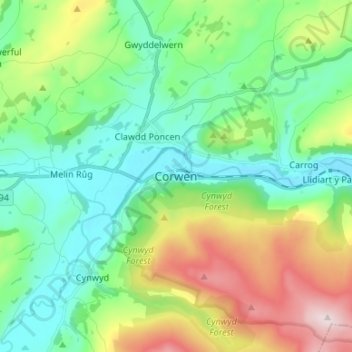 Corwenの地形図、標高、地勢