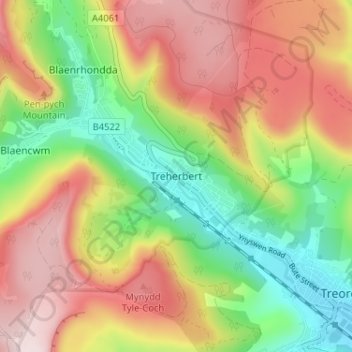 Treherbertの地形図、標高、地勢