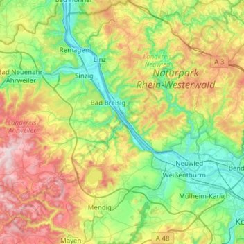Brohl-Lützingの地形図、標高、地勢