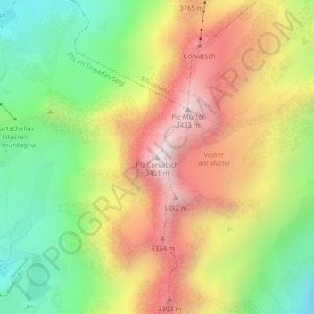 Piz Corvatschの地形図、標高、地勢