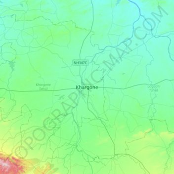 Khargoneの地形図、標高、地勢