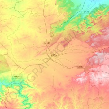 Betulの地形図、標高、地勢