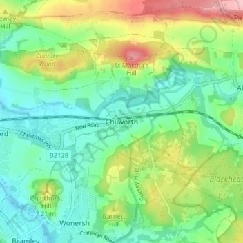Chilworthの地形図、標高、地勢