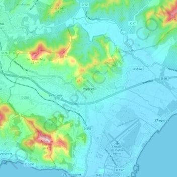 Hyèresの地形図、標高、地勢