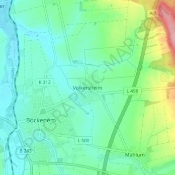 Volkersheimの地形図、標高、地勢