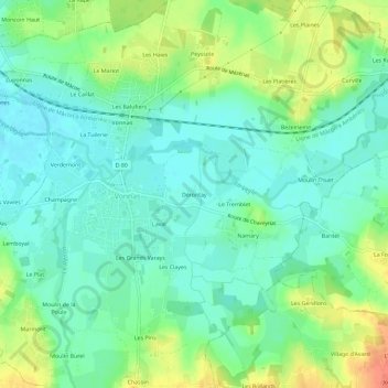 Dérontayの地形図、標高、地勢