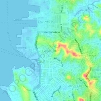 Sungai Jodohの地形図、標高、地勢