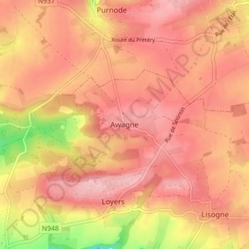 Awagneの地形図、標高、地勢