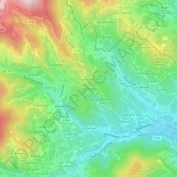 Les Vignesの地形図、標高、地勢