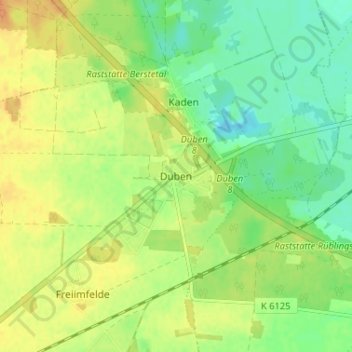Dubenの地形図、標高、地勢