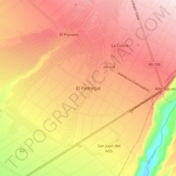 El Pedregalの地形図、標高、地勢