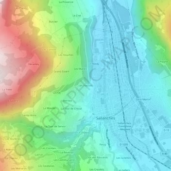 Les Paccotsの地形図、標高、地勢