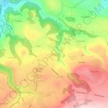 Les Routesの地形図、標高、地勢