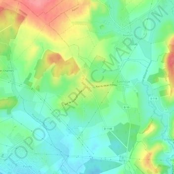 Pusyの地形図、標高、地勢