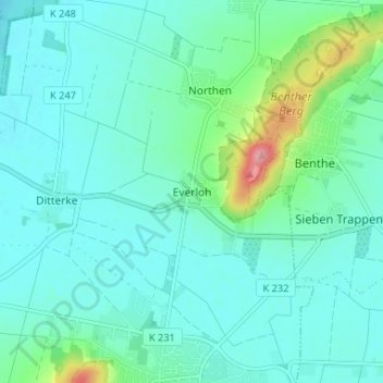 Everlohの地形図、標高、地勢