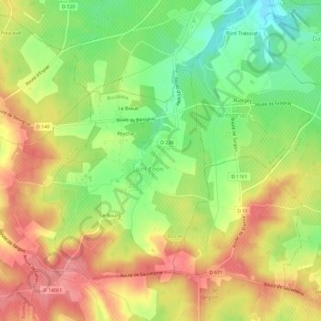 Mondonの地形図、標高、地勢