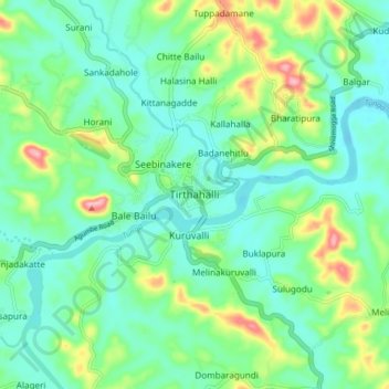 Tirthahalliの地形図、標高、地勢