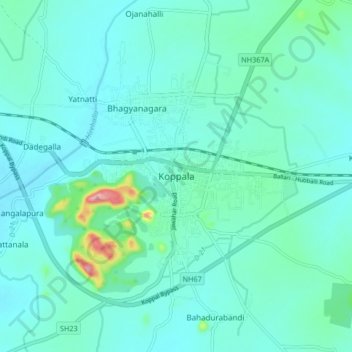 Koppalaの地形図、標高、地勢