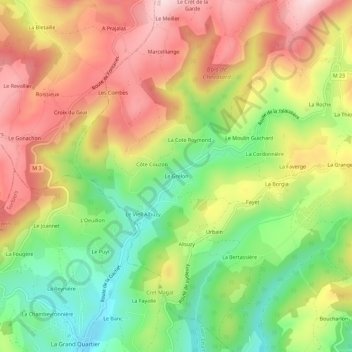 Le Grelonの地形図、標高、地勢