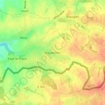 Erquennesの地形図、標高、地勢
